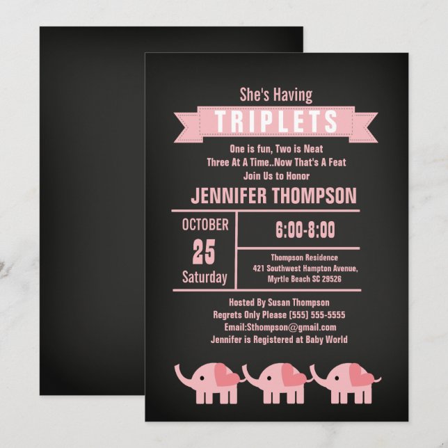 Girls Triplet Elephant Baby Shower Chalkboard Invitation (Front/Back)