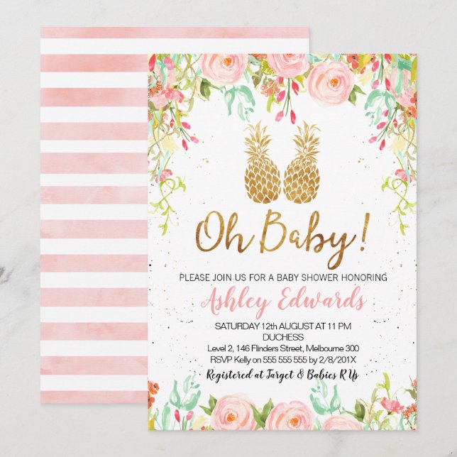 Girls Tropical Floral Baby Shower Invitation (Front/Back)