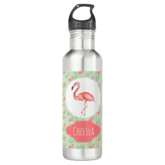Girl's Tropical Watercolor Flamingo and Name 710 Ml Water Bottle