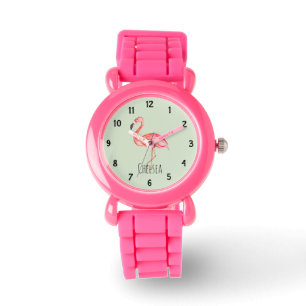 Girls Tropical Watercolor Flamingo and Name Kids Watch