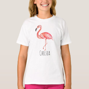Girl's Tropical Watercolor Flamingo and Name T-Shirt