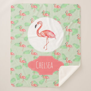 Girls Tropical Watercolor Flamingo & Name Kids Sherpa Blanket
