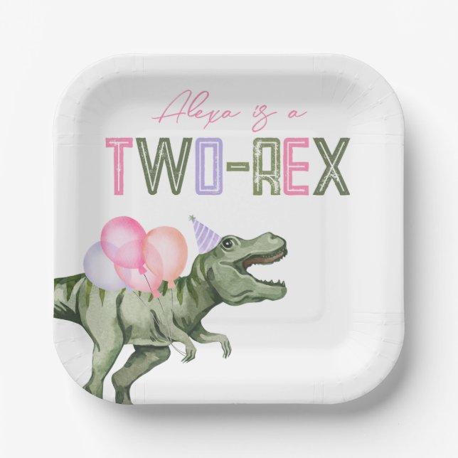 Girl's Two-Rex Party Paper Plates (Front)