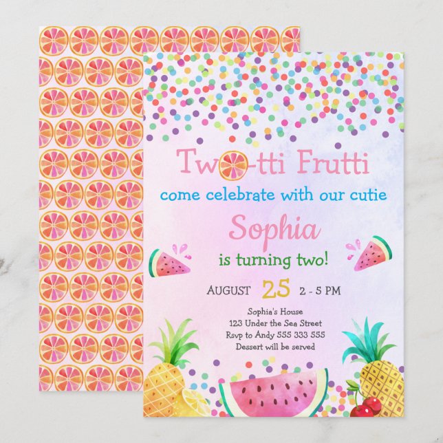 Girls  Two-tti Frutti 2nd Birthday Tropical Cute Invitation (Front/Back)