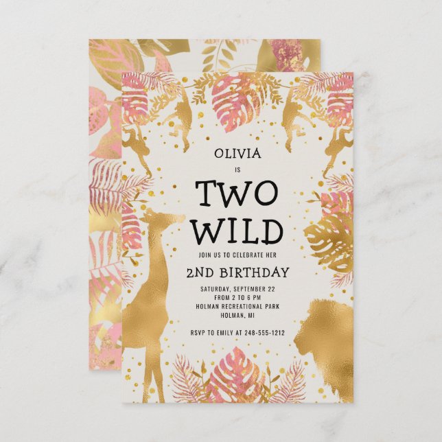 Girls Two Wild 2nd Birthday Pink Ecru Safari Invitation (Front/Back)