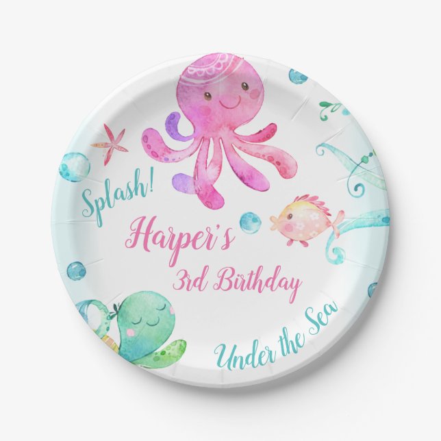 Girls Under The Sea Birthday Party Paper Plate (Front)