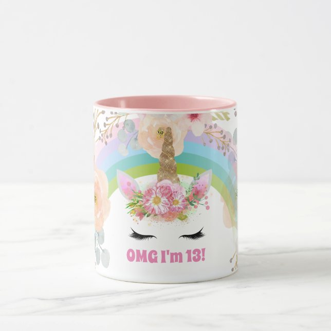 Girls UNICORN 13th Birthday Mug Customizable Pink (Center)
