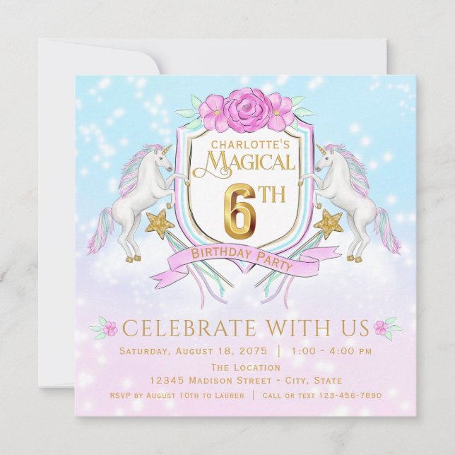 Girls Unicorn 6th Birthday Party Invitations (Front)