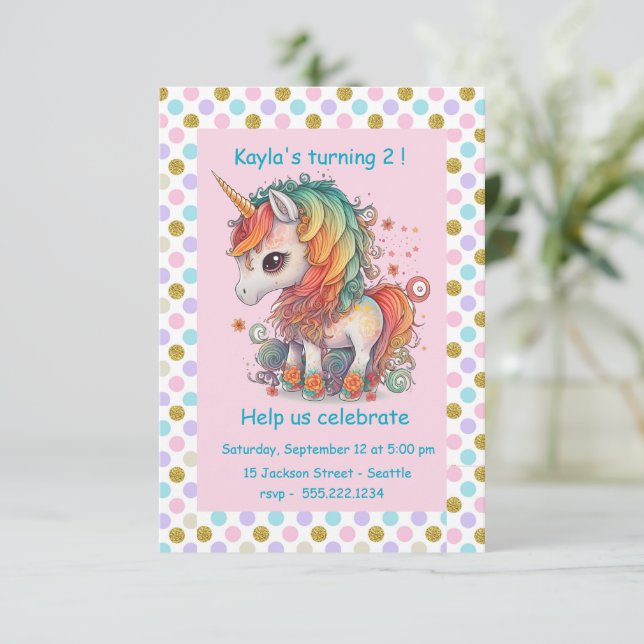 Girls' Unicorn Birthday Party Invitation (Standing Front)
