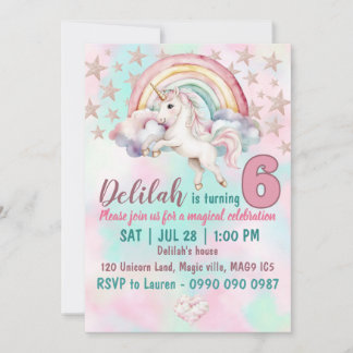 Girls unicorn birthday party invitation 