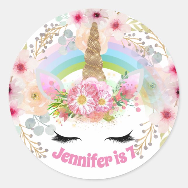 Girls Unicorn Birthday Stickers NAME ANY AGE (Front)