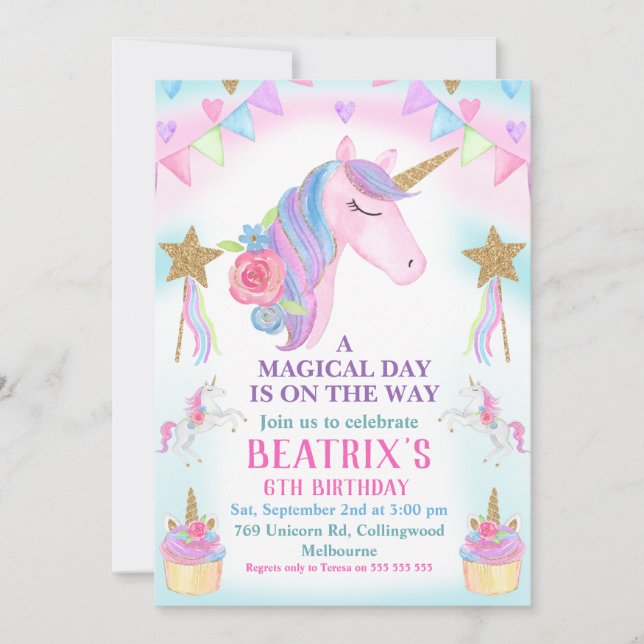 Girls Unicorn Cake Stars Birthday Invitation (Front)
