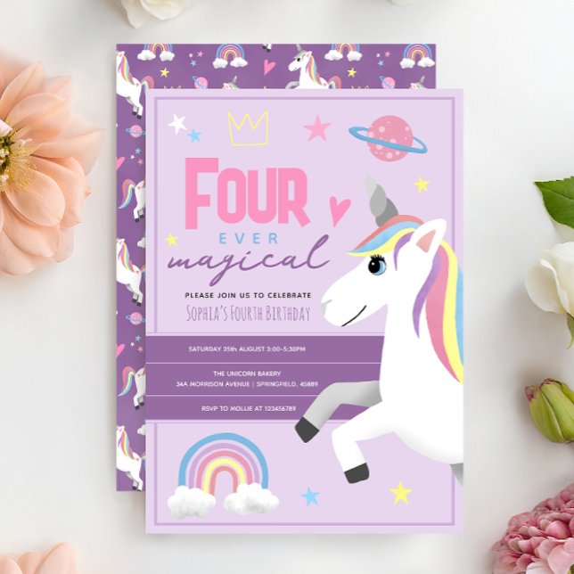 Girls Unicorn Four Ever Magical 4th Birthday Invitation (Creator Uploaded)