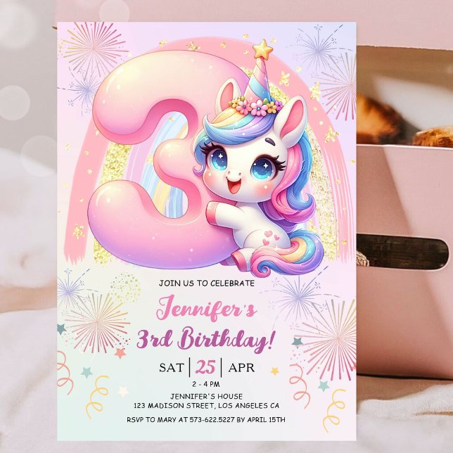 Girls Unicorn Magical Rainbow 3rd Birthday Party Invitation (#UnicornBirthdayInvitation #UnicornBirthdayInvitationTemplate #UnicornBirthdayInvitationEditable 

)