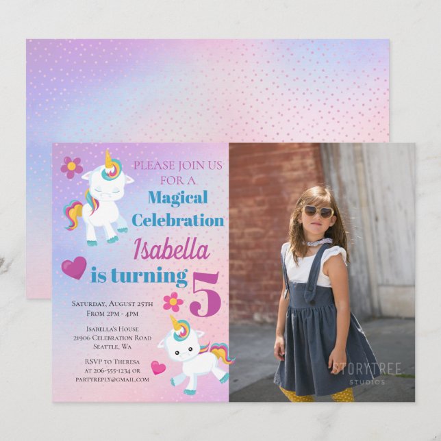 Girls Unicorn Photo Birthday Invitation (Front/Back)