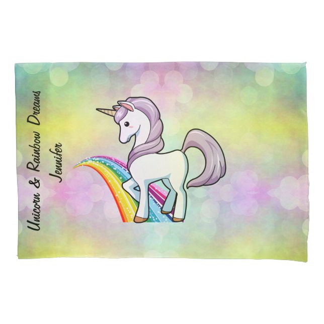 Girl's Unicorn & Rainbow Dreams Custom Name Pillowcase (Front)