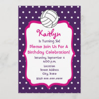 Girls Volleyball Birthday Invite- Purple With Pink