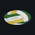 girl's volleyball birthday party green gold paper plate<br><div class="desc">These girls' volleyball birthday party 7" paper plates feature a girly green , gold and white volleyball graphic with customizable "Happy Birthday" greeting and girl's name - the green and gold panels of the volleyball are blended with a pretty floral kaleidoscopic pattern, and the white volleyball panels are blended with...</div>