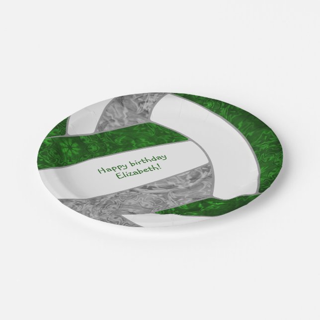 girl's volleyball birthday party green grey paper plate (Angled)