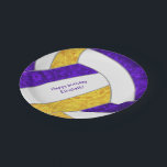 girl's volleyball birthday party purple gold paper plate<br><div class="desc">These girls' volleyball birthday party 7" paper plates feature a girly purple, gold and white volleyball graphic with customizable "Happy Birthday" greeting and girl's name - the purple and gold panels of the volleyball are blended with a pretty floral kaleidoscopic pattern, and the white volleyball panels are blended with an...</div>