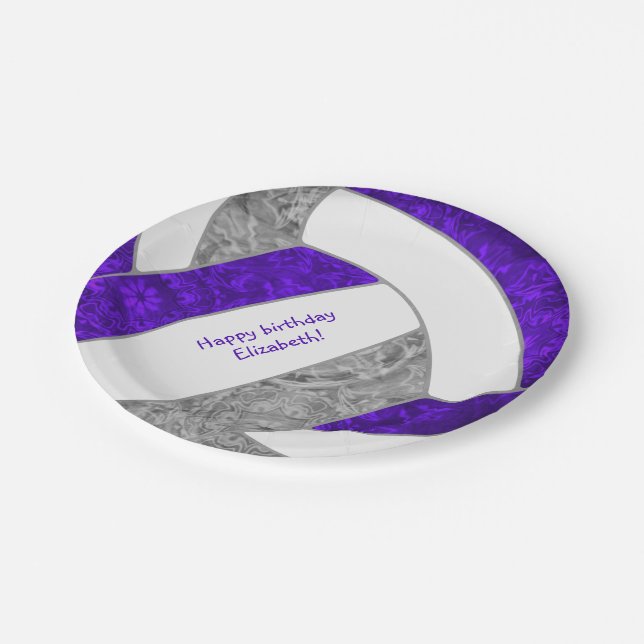 girl's volleyball birthday party purple grey paper plate (Angled)