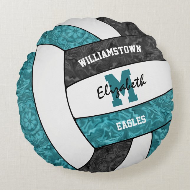 Girls volleyball room teal black team colours round pillow (Front)