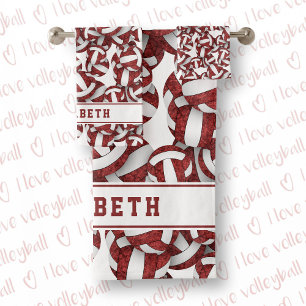 Girls volleyballs pattern personalized maroon bath towel set