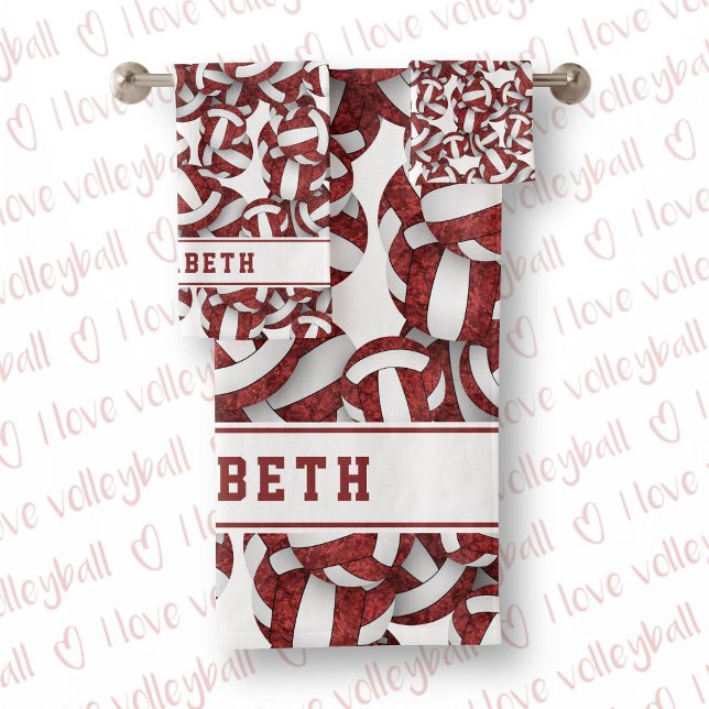 Girls volleyballs pattern personalized maroon bath towel set (Creator Uploaded)