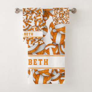 Girls volleyballs pattern personalized orange bath towel set