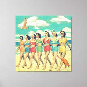 Girls Walking Beach Retro Collage Canvas Print