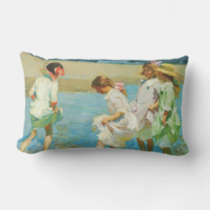 Girls Walking in Water at the Seaside Lumbar Pillow