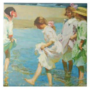 Girls Walking in Water at the Seaside Tile