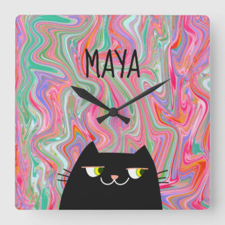 Girls Wall Clock Custom Name Colorful Cat
