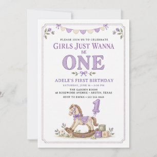 Girls Wanna Be One Lavender Rocking Horse 1st Bday Invitation