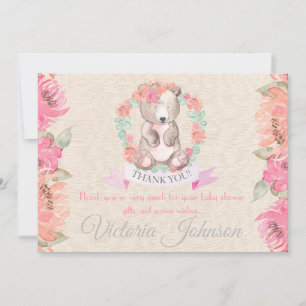 Girls Watercolor Floral Baby Bear Baby Shower Thank You Card