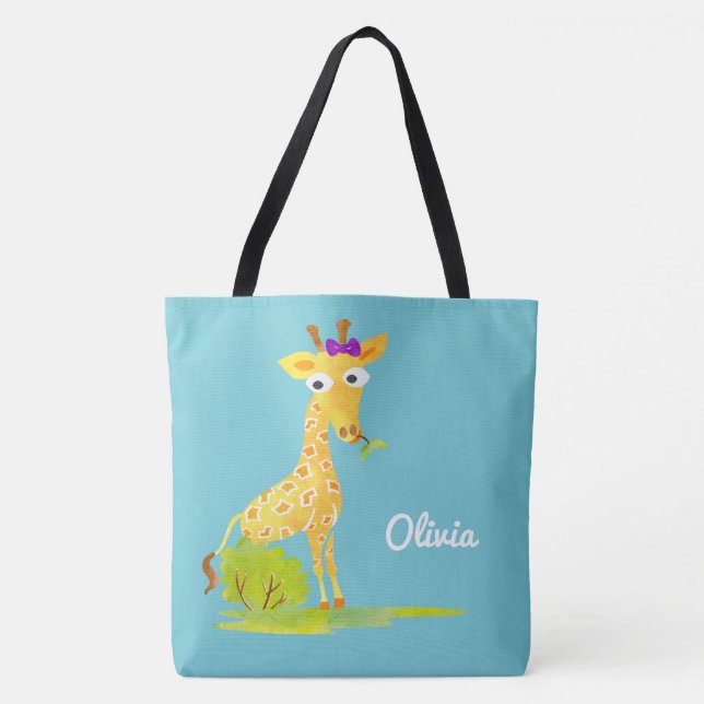 Girls Watercolor Giraffe Personalized Blue Animal Tote Bag (Front)
