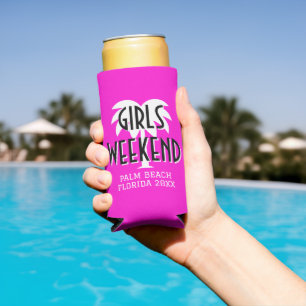 Girl's weekend trip personalized pink seltzer can cooler