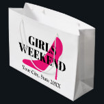 Girls weekend trip pink high heel stiletto shoe large gift bag<br><div class="desc">Girls weekend trip neon pink high heel stiletto shoe Large Gift Bag. Add your own party favours and goodies. Small, medium and big sizes. Customizable stringed bags with date and destination. Elegant typography template with fashion icon. Create beautiful bags for best friends, guests, bridesmaids, family, bridal crew, bride, bridesmaids, groups,...</div>