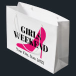 Girls weekend trip pink high heel stiletto shoe large gift bag<br><div class="desc">Girls weekend trip neon pink high heel stiletto shoe Large Gift Bag. Add your own party favours and goodies. Small, medium and big sizes. Customizable stringed bags with date and destination. Elegant typography template with fashion icon. Create beautiful bags for best friends, guests, bridesmaids, family, bridal crew, bride, bridesmaids, groups,...</div>