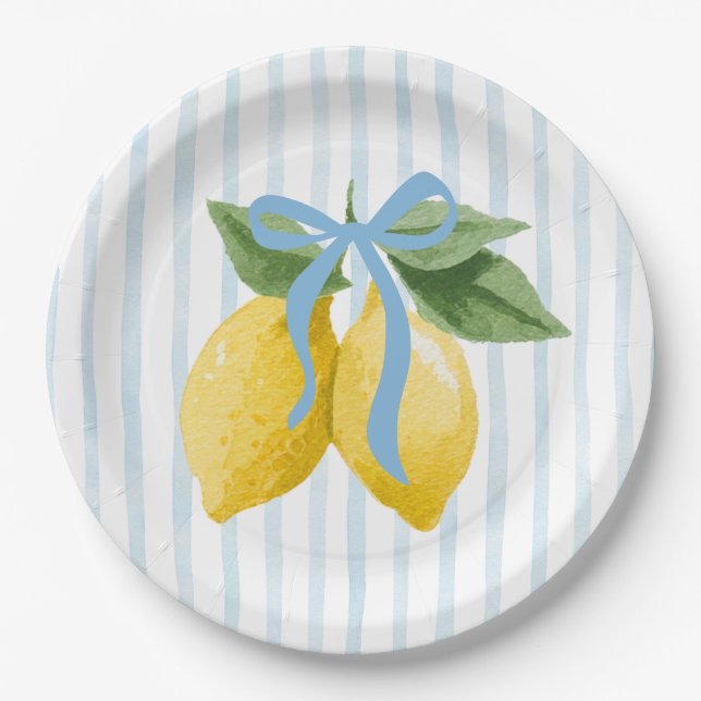 Girls Whimsical Blue Bow Lemon Amalfi Birthday Paper Plate (Front)