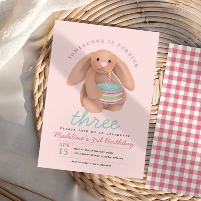 Girls Whimsical Cute Pink Bunny and Cake Birthday  Invitation (Creator Uploaded)