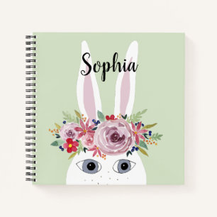 Girls Whimsical Floral Watercolor Rabbit and Name Notebook