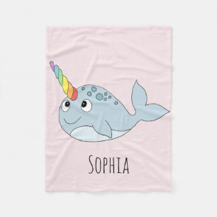 Girls Whimsical Rainbow Narwhal and Name Kids Fleece Blanket