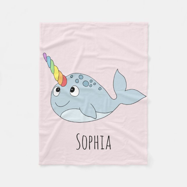 Girls Whimsical Rainbow Narwhal and Name Kids Fleece Blanket (Front)