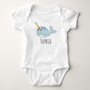 Girls Whimsical Rainbow Narwhal Cartoon and Name Baby Bodysuit