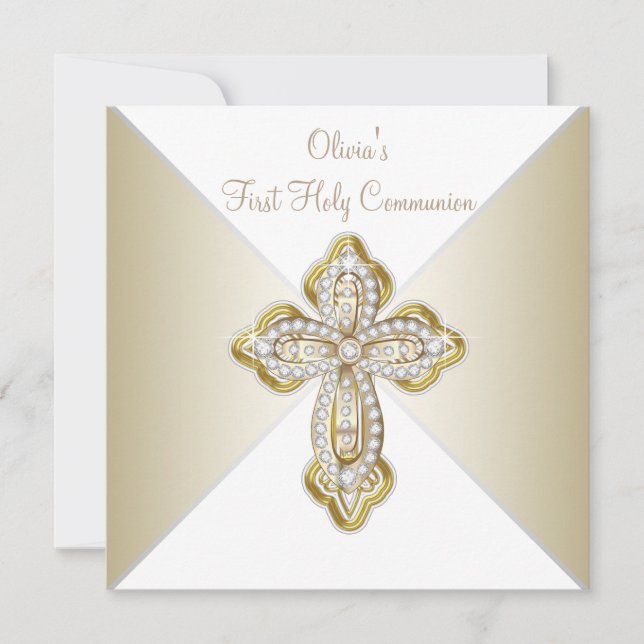 Girls White and Gold First Communion Invitation (Front)