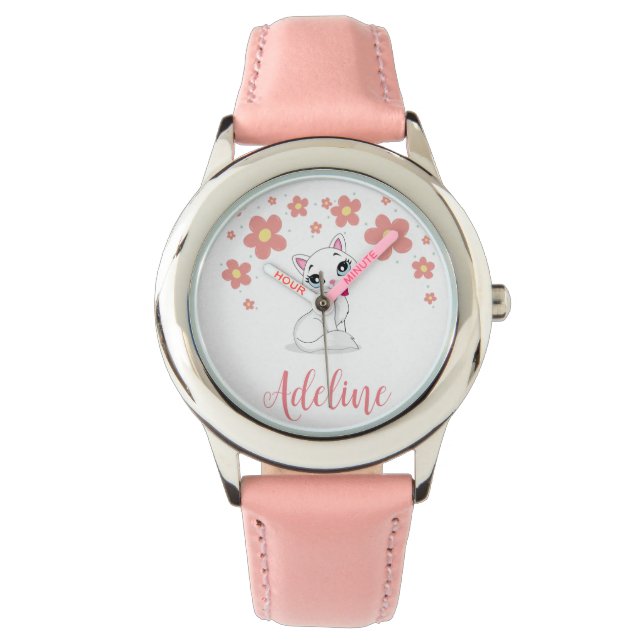 Girls White Cat With flowers Custom Name Watch (Front)