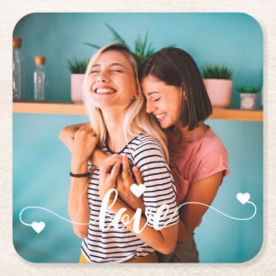 Girls White Love Script With Heart Valentine Square Paper Coaster