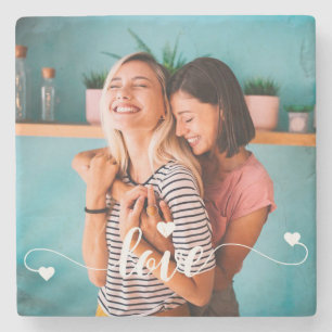 Girls White Love Script With Heart Valentine Stone Coaster