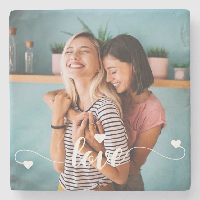 Girls White Love Script With Heart Valentine Stone Coaster (Front)